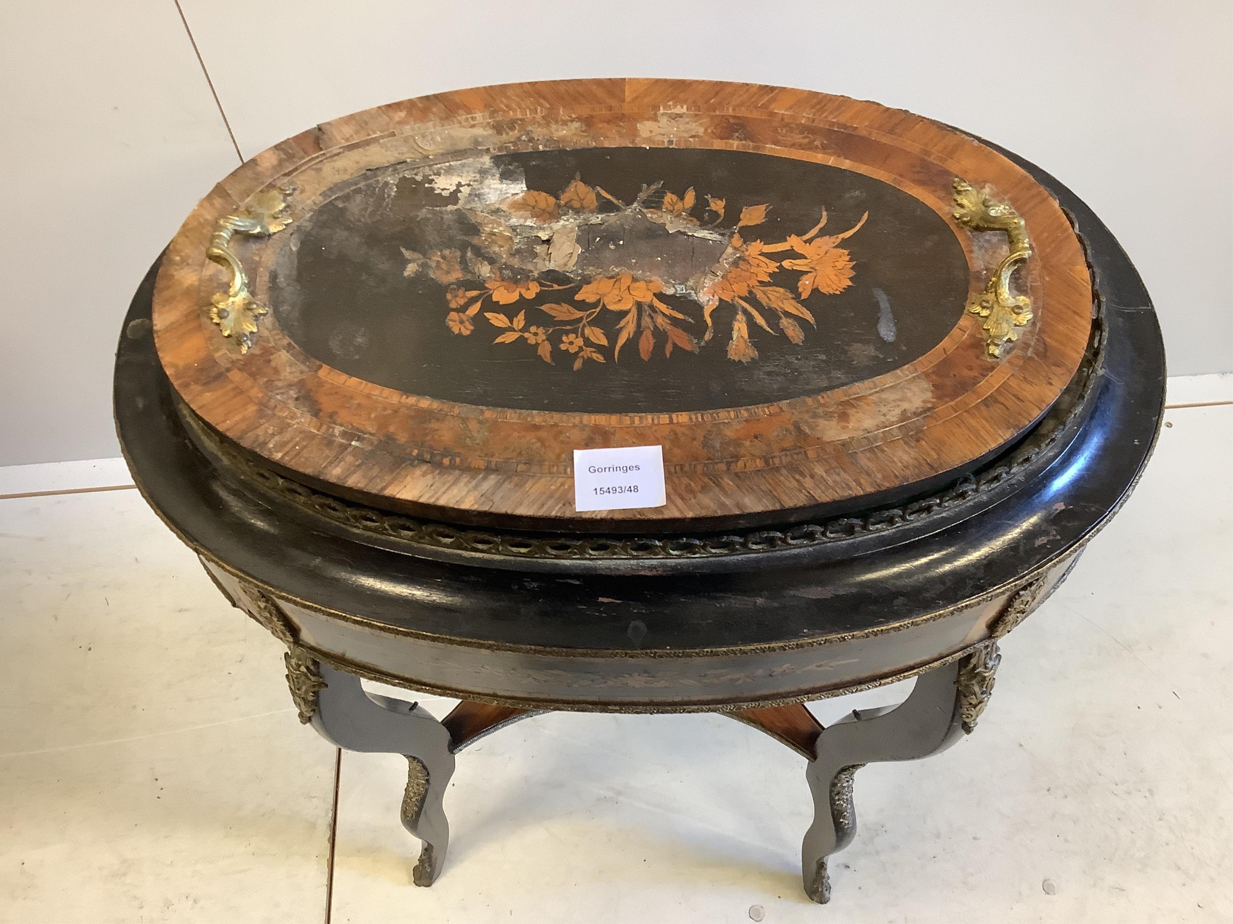 A mid 19th century French ebonised, kingwood and floral marquetry inlaid jardiniere table, width 58cm, depth 38cm, height 85cm. Condition - poor